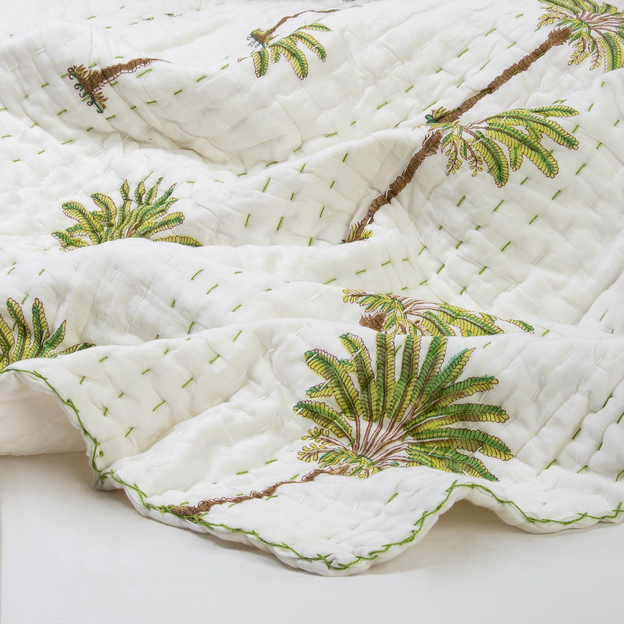 Green Palm Tree Print Cotton Kantha Quilt For Heavy Winter